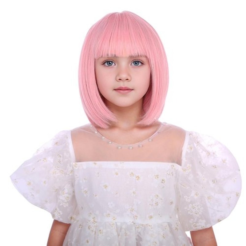 Edivd Girls Light Pink Bob Wig Kids Short Pastel Pink Bob Wig with Bangs Pink Bob Wig for Child Heat Resistant Synthetic Wig with Wig Cap