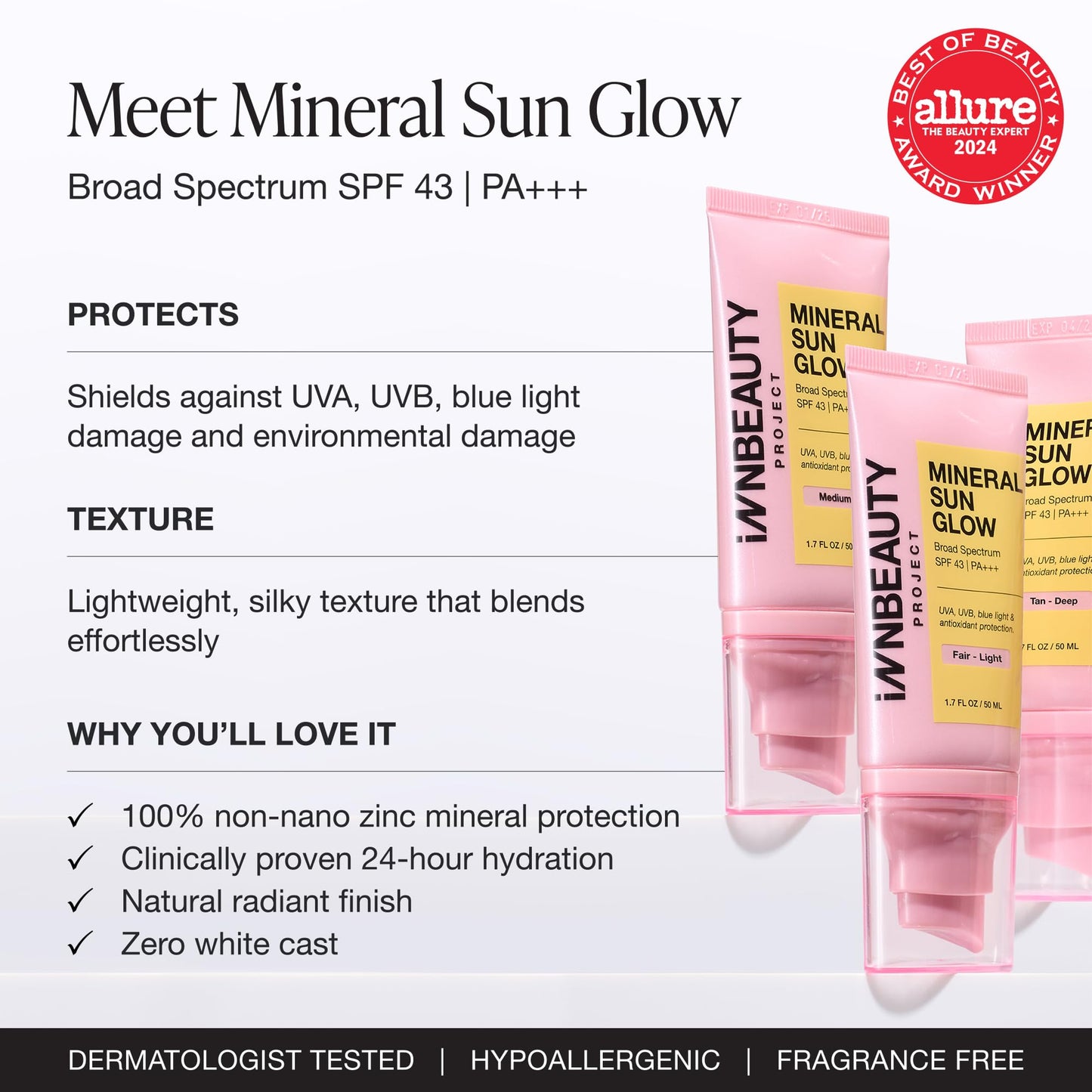 INNBEAUTY Project Mineral Sun Glow Broad Spectrum Sunscreen SPF 43 PA+++ with Peptides & Vitamin C, Fair-Light, 1.7 OZ (50ml)