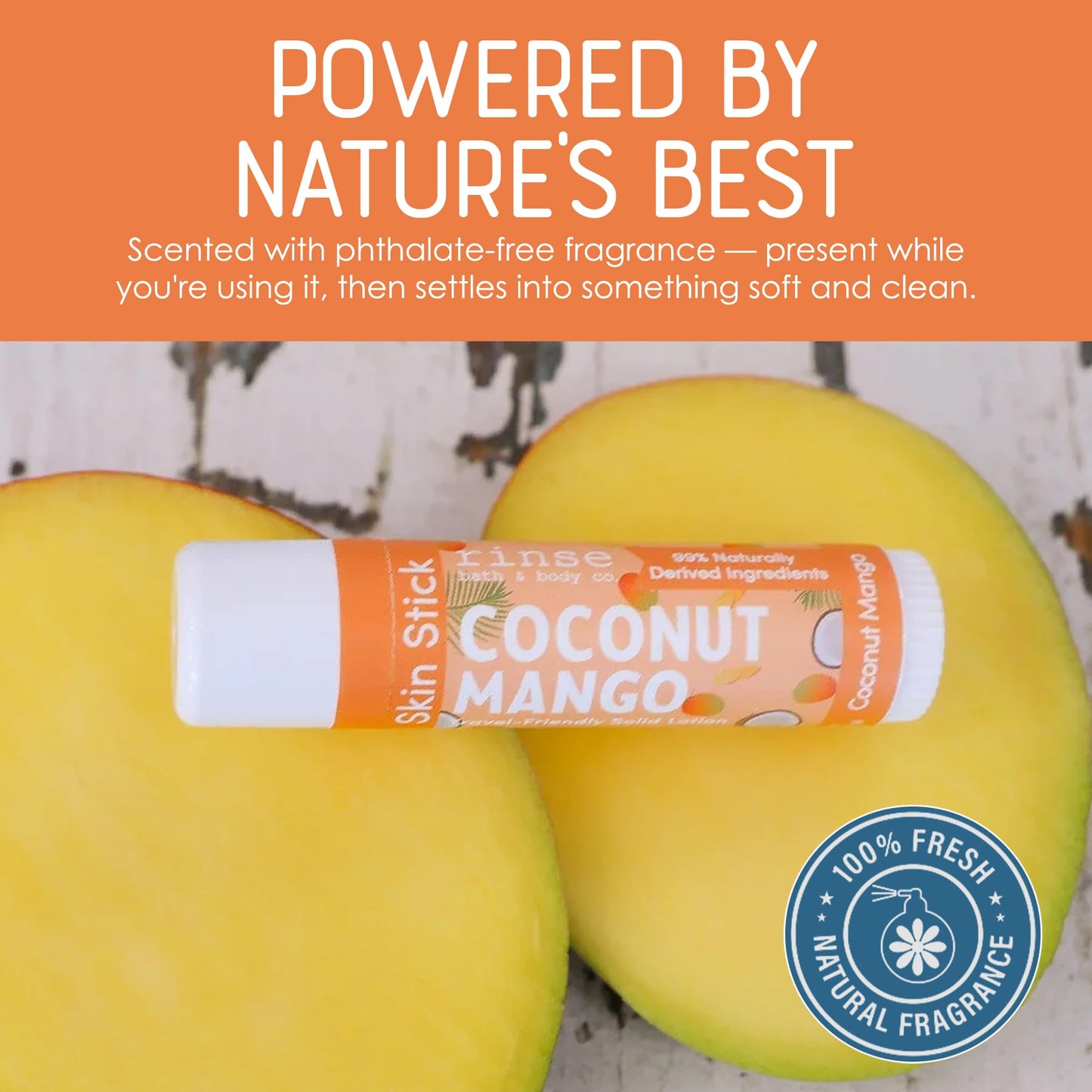 Rinse Bath & Body Coconut Mango Solid Lotion Stick - Natural Lotion Bar with Shea & Cocoa Butter, Deep Moisturizing Travel Skin Stick, Beeswax, Apricot & Avocado Oil, Handmade, 0.5 oz