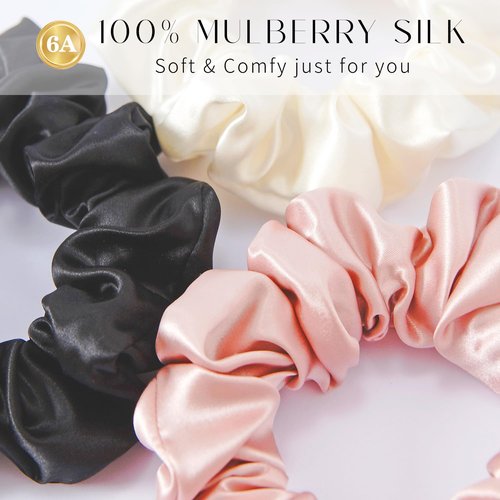 ZIMASILK 22 Momme 100% Pure Mulberry Silk Large Scrunchies for Women, Hair-Friendly & Luxurious Elastic Scrunchies Set (3 Scrunchies)