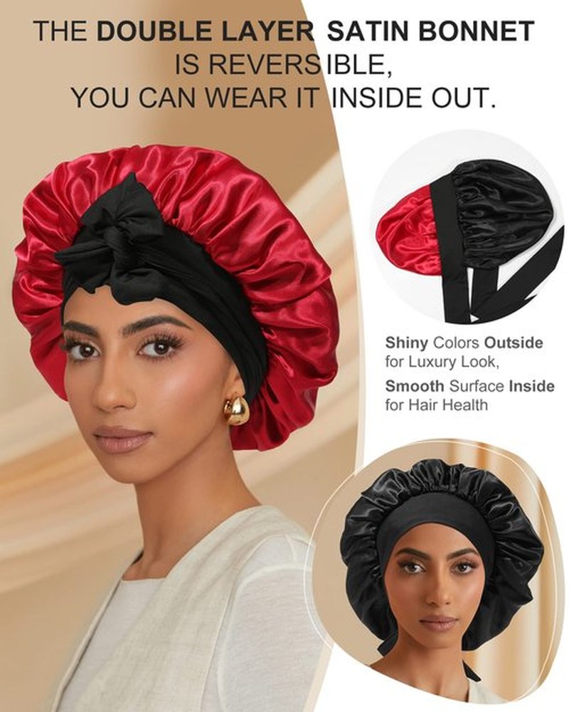 Satin Bonnet for Women Silk Bonnets for Sleeping Curly Hair Bonnet with Elastic Tie Band Reversible Double Layer Sleep Cap Hair Wrap (Black + Red)