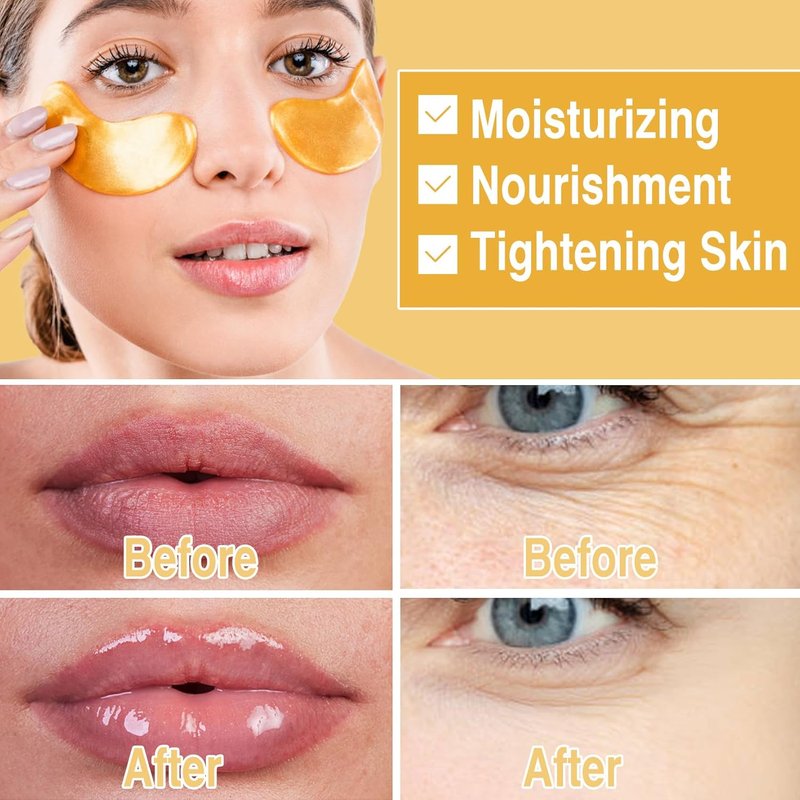 30 Pairs Lip Masks & 24K Gold Eye Masks | Crystal Collagen Under Eye Patches for Puffiness, Wrinkles, Dark Circles