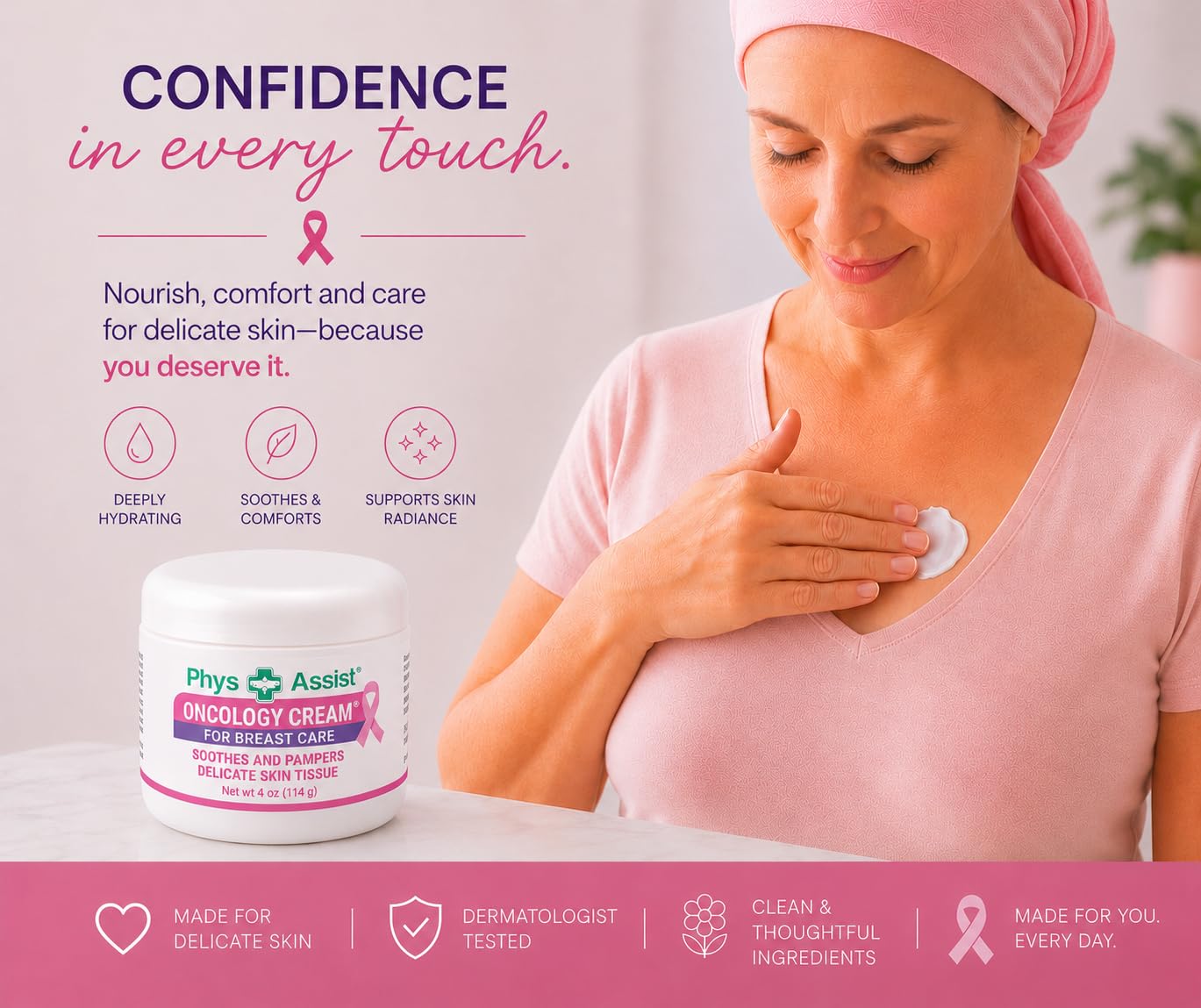 PhysAssist Oncology Cream for Breast Care Soothes and Pampers Delicately skin tissue. 4 oz