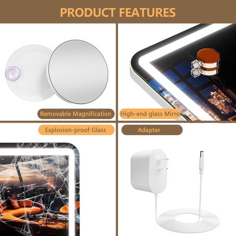 Hasipu Vanity Mirror with Lights and Bluetooth Speaker, 32" x 22" LED Makeup Mirror, Lighted Makeup Mirror with Dimmable 3 Modes, USB Charging Port, Round White