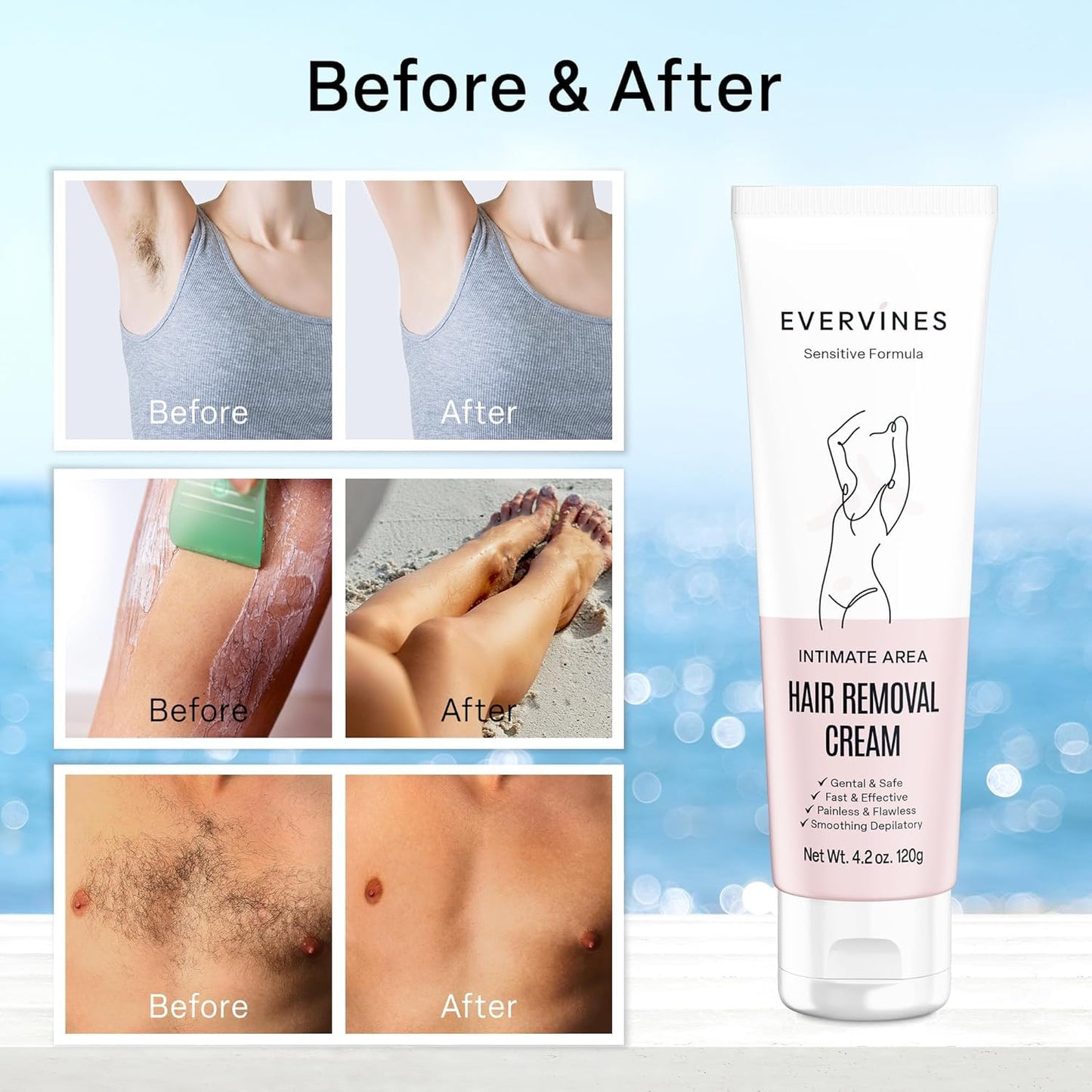 Evervines Hair Removal Cream for Women: Fast, Painless Depilatory for Bikini, Pubic, Legs, Arms, Underarms – Sensitive Skin Safe, Travel & Home Use with Scraper – 4.2oz (1 pack)