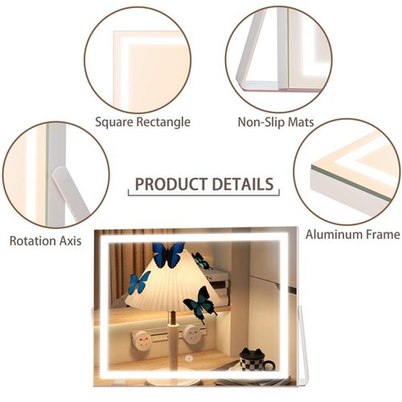 Hasipu Vanity Mirror with Lights, 14" x 11" LED Makeup Mirror, 3 Modes Light, Smart Touch Control Dimmable, 360°Rotation, Rectangle White Frame, with 5X Magnifying Glass