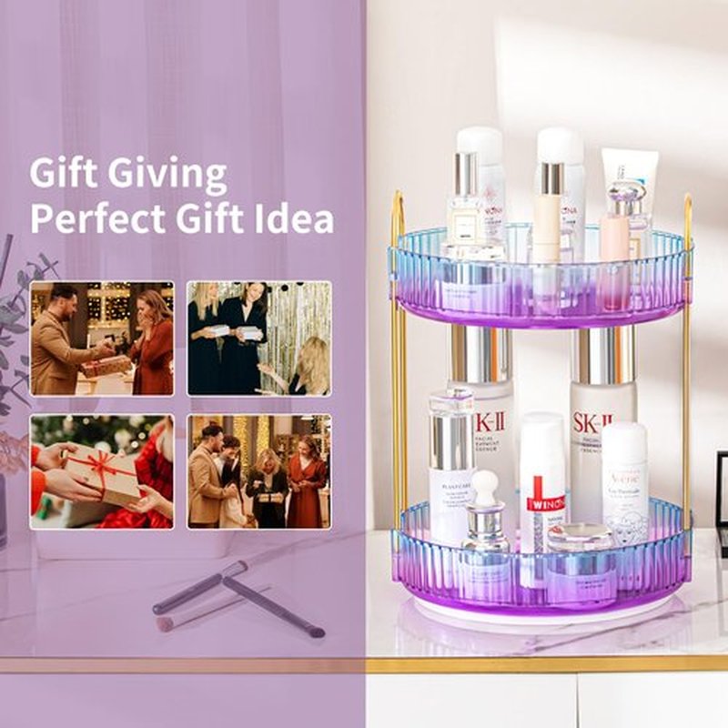 shuang qing Rotating Makeup Organizer for Vanity 2 Tier, High-Capacity Skincare Clear Make Up Storage Perfume Organizers Cosmetic Dresser Organizer Countertop 360 Spinning（Purple）