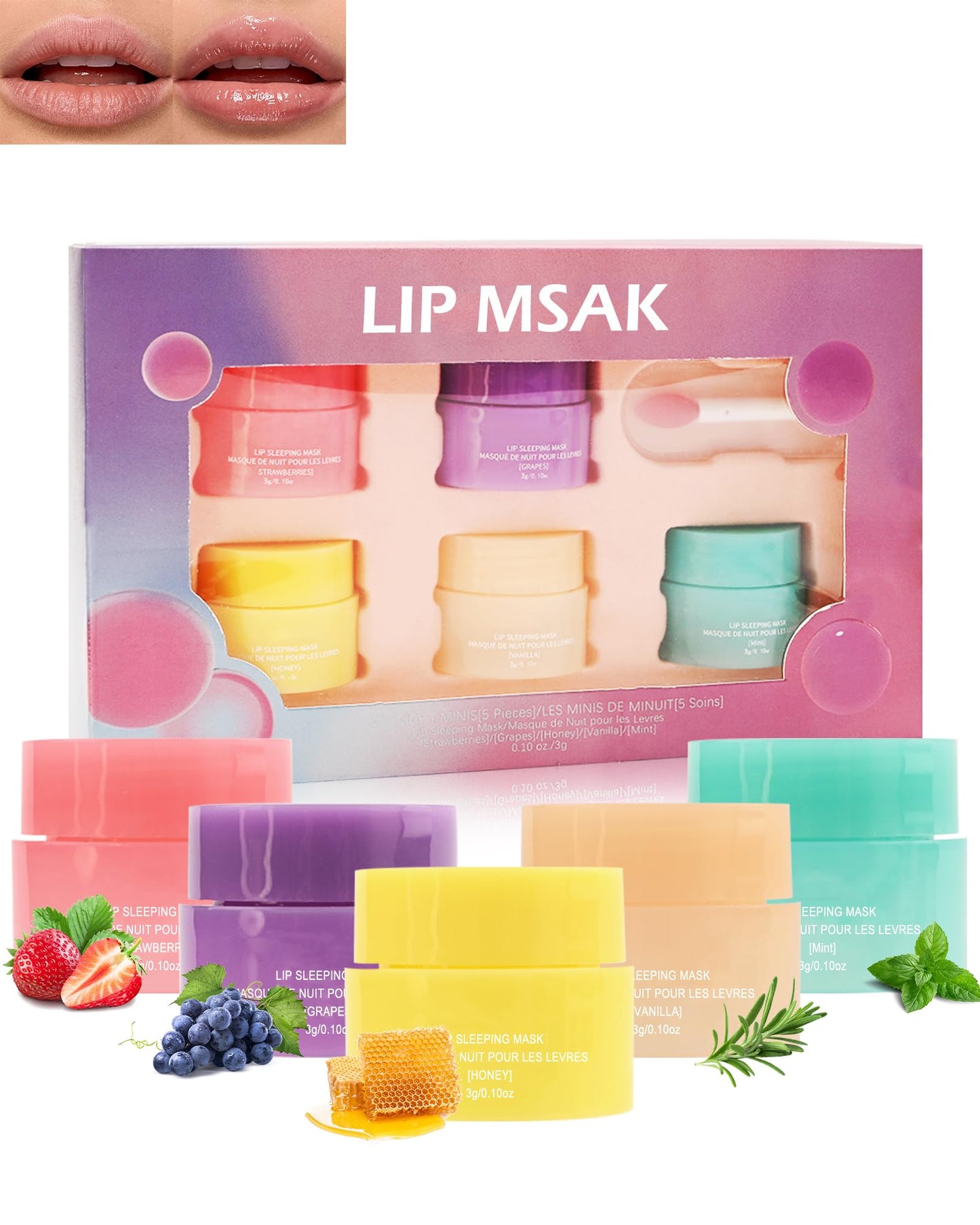 Lip Sleeping Mask Set-5 Pcs Moisturize & Nourish Lip Balm,Repair for Dry Cracked Lips,Deep Hydrating Lip Moisturizer Overnight Lip Balms,Women's Day Treatment Lip Care Gift for Women Men