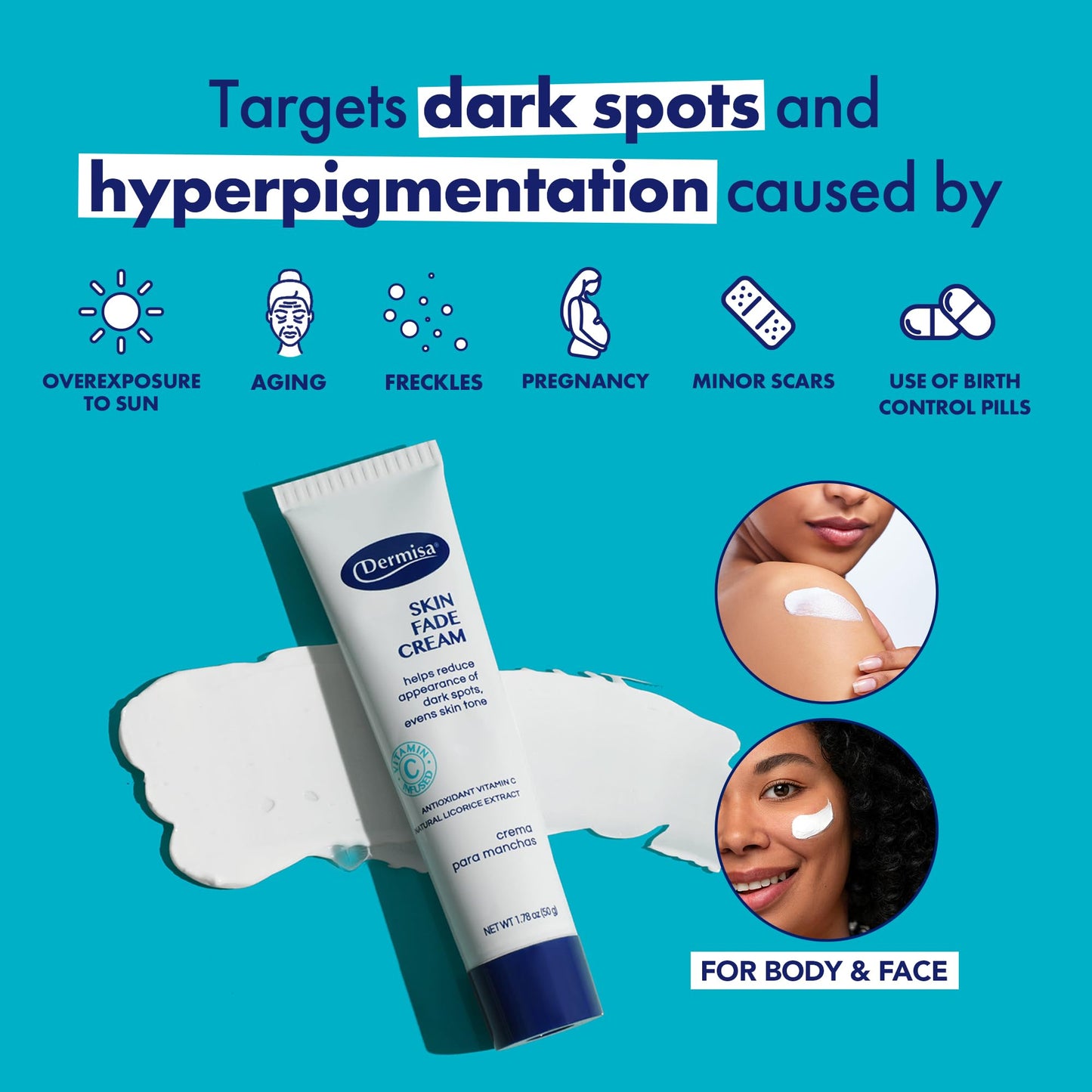 Dermisa Skin Fade Cream with Vitamin C, Licorice and Emblica - Dark Spot Corrector and Face Moisturizer for Sun Spots, Age Spots and Freckles - 1.78 Oz, Pack of 1