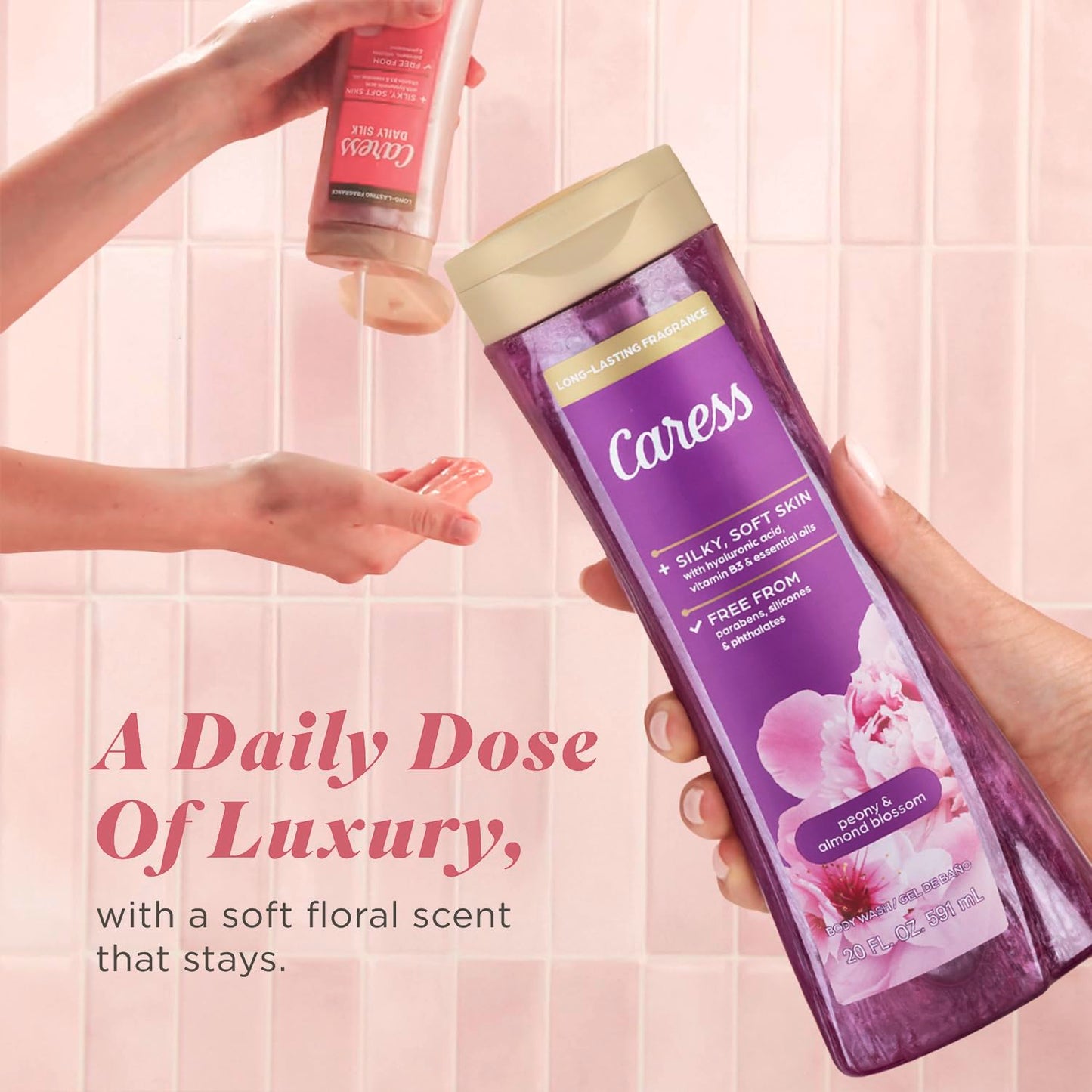 Caress Body Wash, Daily Silk Travel-Size + Full-Size Peony & Almond Blossom Body Wash – Bath & Shower Essentials for Soft, Silky Skin