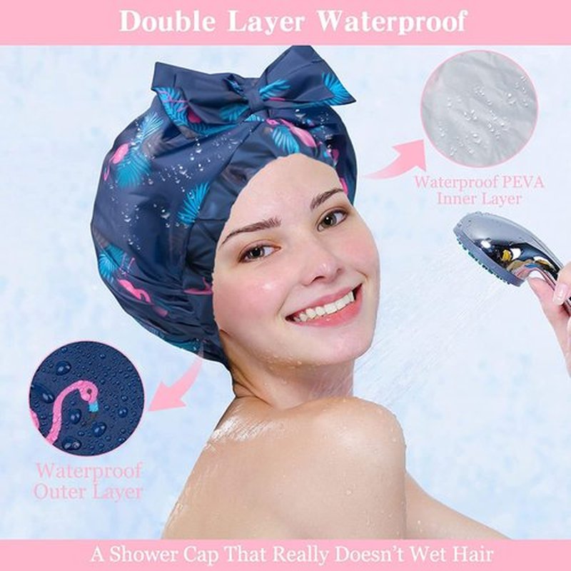 2 PCS Shower Caps, Reusable & Extra Large & Adjustable & Double Layer Waterproof Bow Knot Hair Reusable Cap for Women, Waterproof Outer & EVA Lining, for Shower, Spa, Makeup