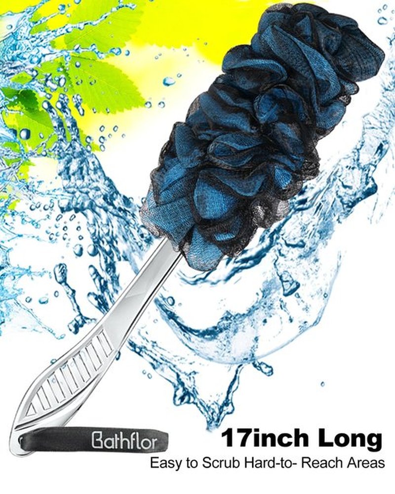 Bathflor Shower Loofah Sponge Exfoliating Body Scrubber 80g, Charcoal Loofa for Women & Men Bath Wash: 1 Long Handle Back Brush Plus 4 Packs Extra Large 80g Soft Luffa Poufs, 1 Lufa Hook (Charcoal)