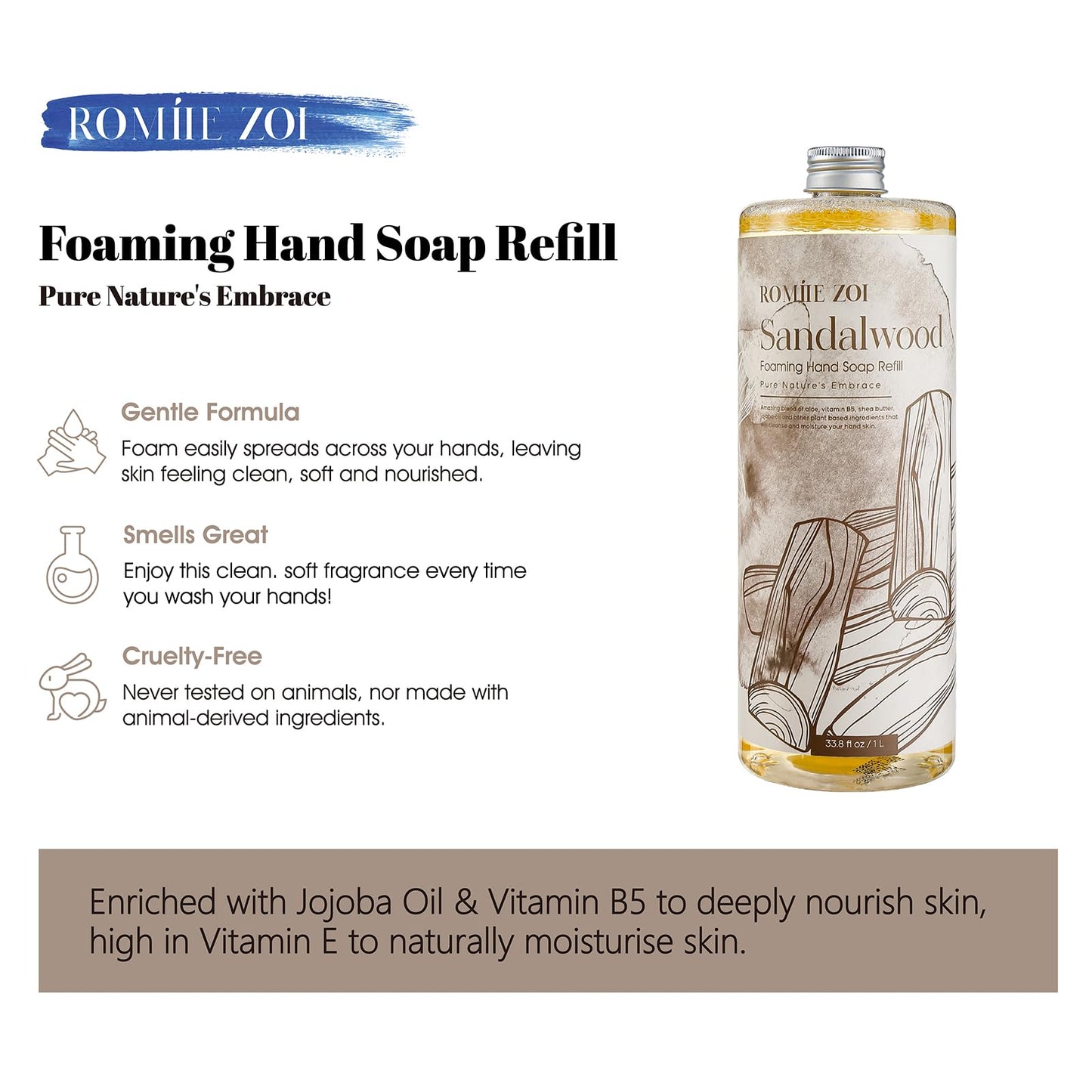ROMIIE ZOI Foaming Hand Soap Refill, Sandalwood, Gentle & Moisturizing Formula for Home & Kitchen, 1 L/ 33.8 FL OZ
