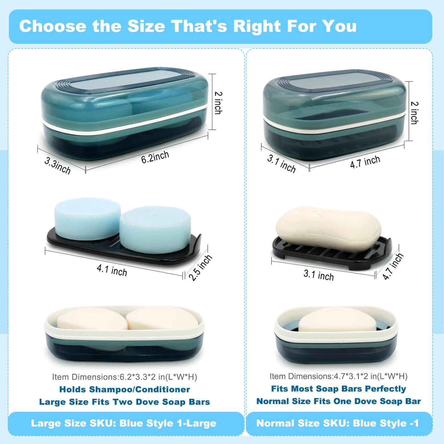 HAYSNA Solid Shampoo Bar Holder, Large Bar Soap Holder, Travel Soap Container, Soap Box with Draining Layer, Soap Case for Bathroom, Traveling, Gym, Camping (Blue Style-1-Large)