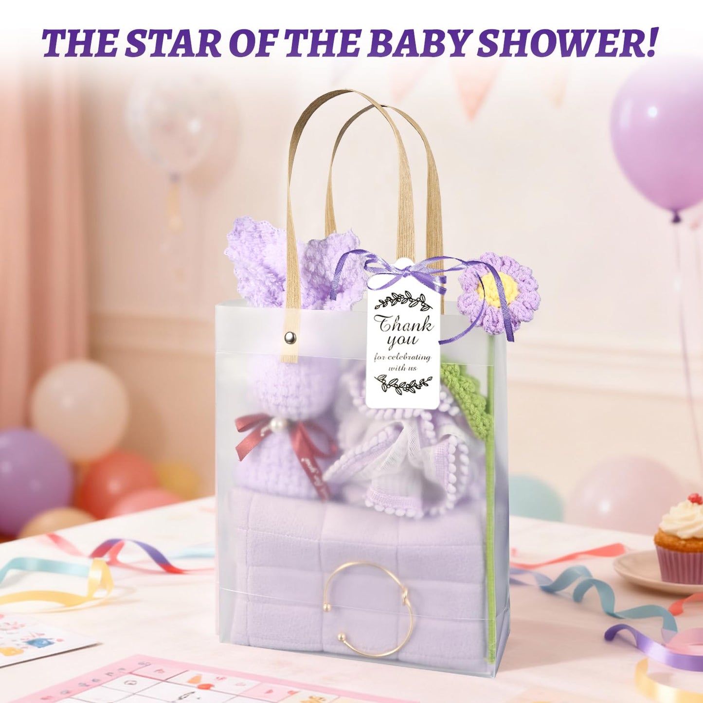 Yuzhrao 6 Sets Baby Shower Prizes for Winners Baby Shower Favors Gift Set including Towels Makeup Bags Bracelets Crocheted Daisies Headbands party favors for Guests and Games