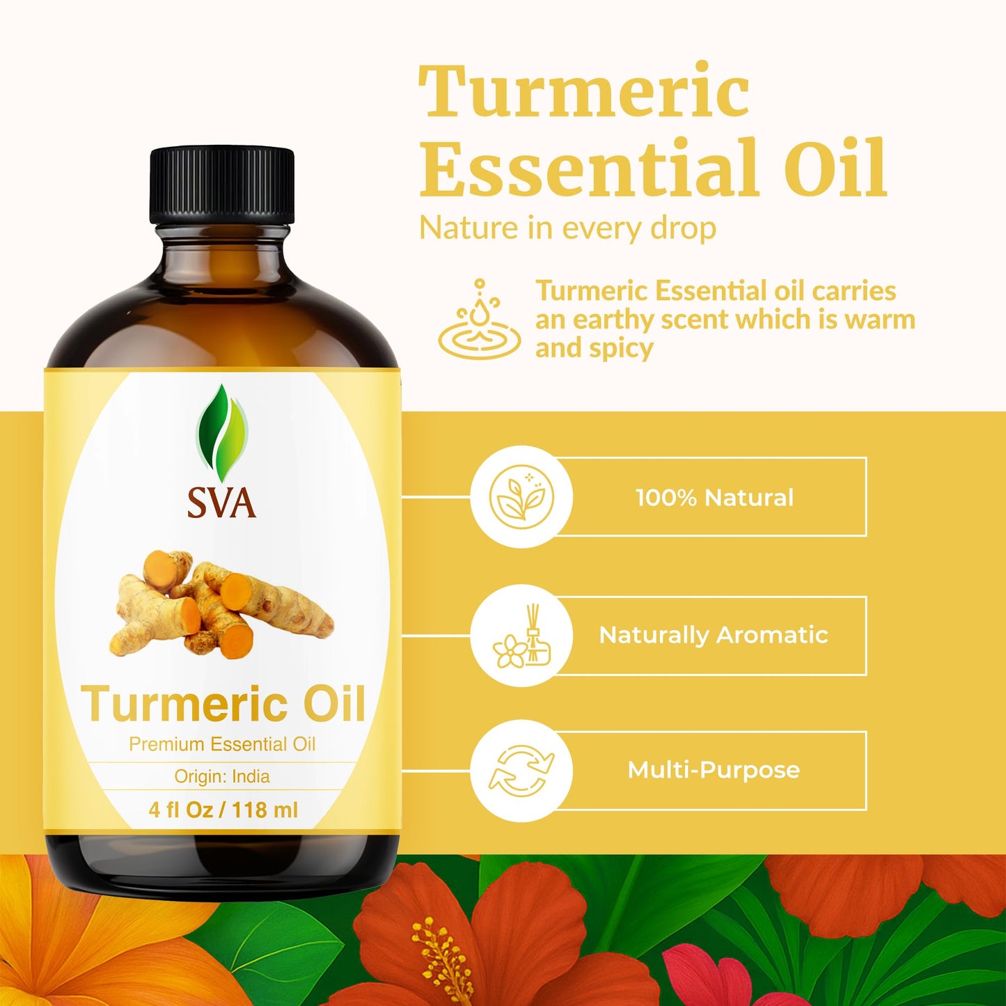 SVA Turmeric Essential Oil – 4 Fl Oz – 100% Natural Turmeric Oil - for Diffuser, Hair Care, Face, Skin Care, Aromatherapy, Scalp and Body Massage, Soap and Candle Making – with Dropper