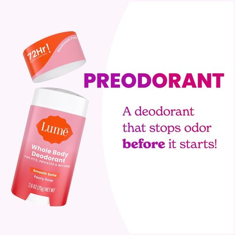 Lume Whole Body Deodorant - Smooth Solid Stick - 72 Hour Odor Control - Aluminum Free, Baking Soda Free and Skin Safe - 2.6 Ounce (Pack of 2) (Peony Rose)