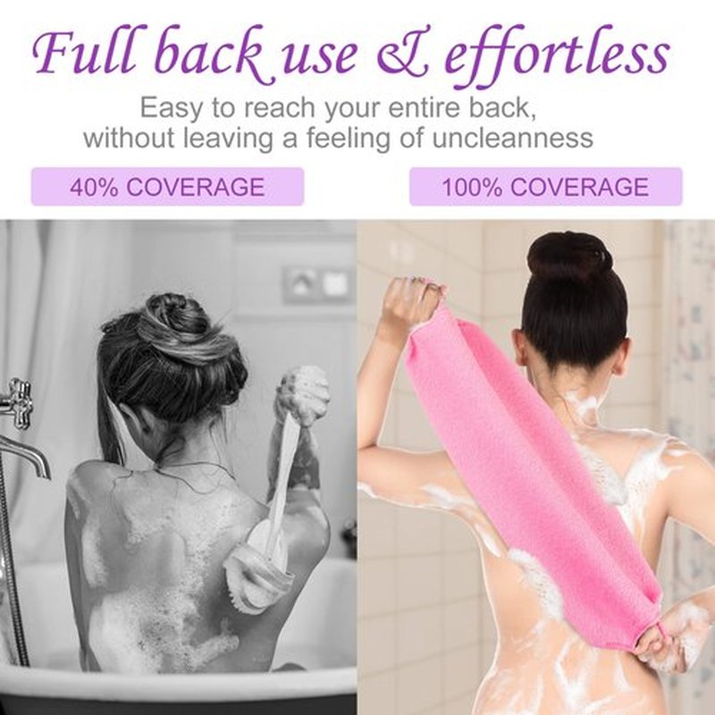 Moukeren Exfoliating Back Scrubber with Handles 4 Packs Nylon Back Exfoliator Extended Length Back Washers Scrubbers Stretchable Pull Strap(Pink, Blue, Fluorescent Green, Purple)