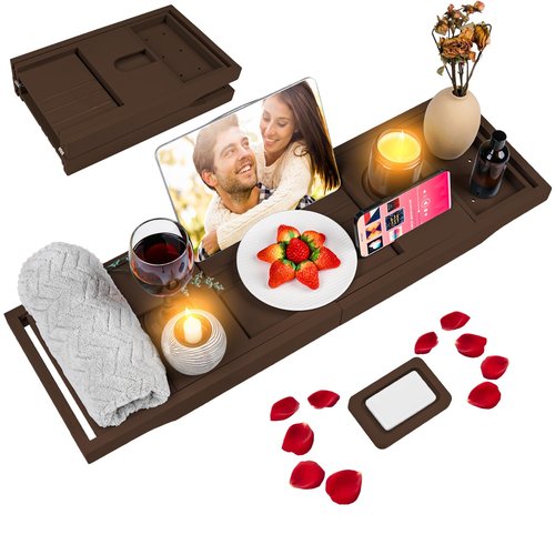 Foldable Bathtub Caddy Tray, Bamboo Bath Tub Tray Table for Tub with Wine Glass Holder Book Phone Tablet Holder with Extending Sides, Adjustable Bathroom Bathtub Free Soap Holder Gift Idea (Brown)