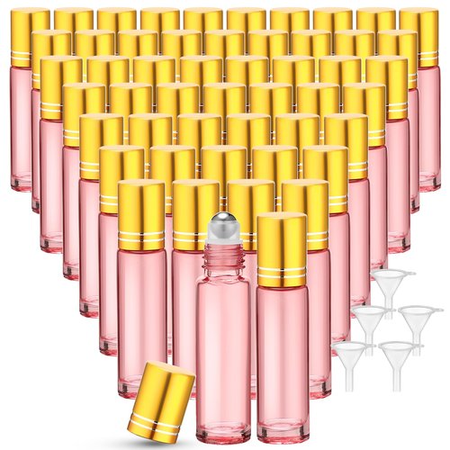 Sumind 150 Pcs Essential Oil Roller Bottles 10 ml Glass Roller Bottles with Stainless Steel Roller Balls Empty Bottles Leak Proof Roll on Bottles with 5 Funnel for Travel Essential Oil (Pink)