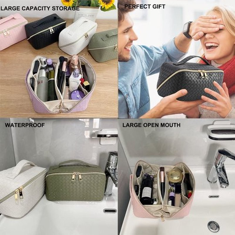 MINGRI Large Capacity Travel Cosmetic Bag for Women,Portable PU Leather Checkered Makeup Bag Water Resistant,Flat Open Multifunctional Storage Toiletry Bag with Divider and Handle (Woven-Black)