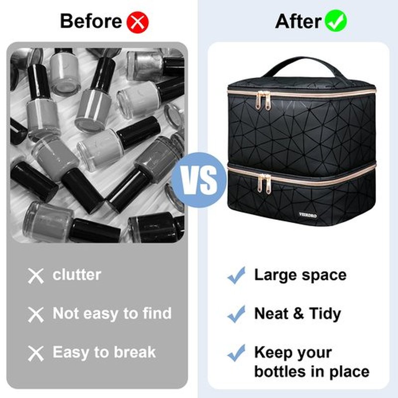 Veirdro Nail Polish Organizer Bag Holds 54 Bottles (15ml/0.5 fl.oz) and Nail Lamp, PU Leather Nail Kit Storage Carrying Case with Support Strap, Large Nail Supplies Shoulder Bag Women (Elegant Black)