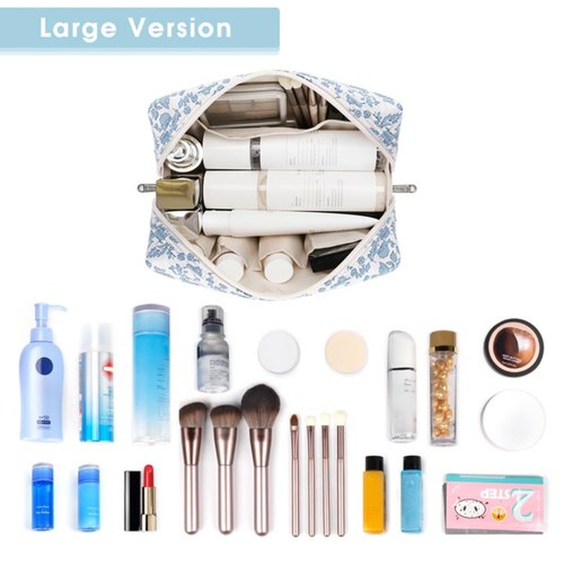 Narwey Cute Floral Makeup Bag Travel Cosmetic Bag Organizer Toiletry Bag Make Up Bags with Organized Pocket for Women (Large, Little Blue Flower)
