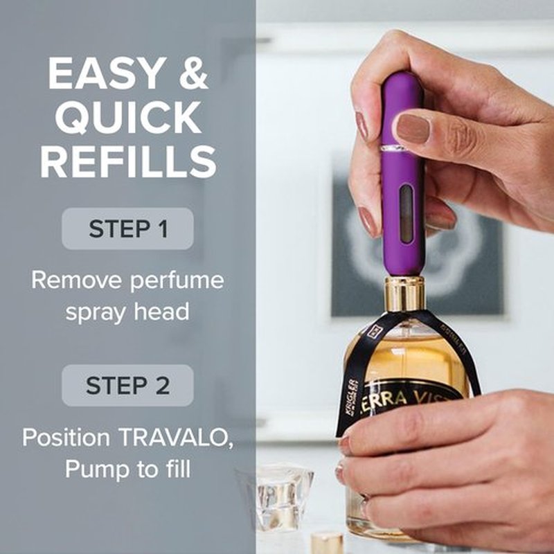 Travalo Classic HD Perfume Atomizer | Genie-S TSA Approved Travel Perfume Bottle Refillable | Reusable Airtight Easy-Fill Mini Pump Sprayer | Lightweight Elegant Design w/Volume Window Purple 0.17oz