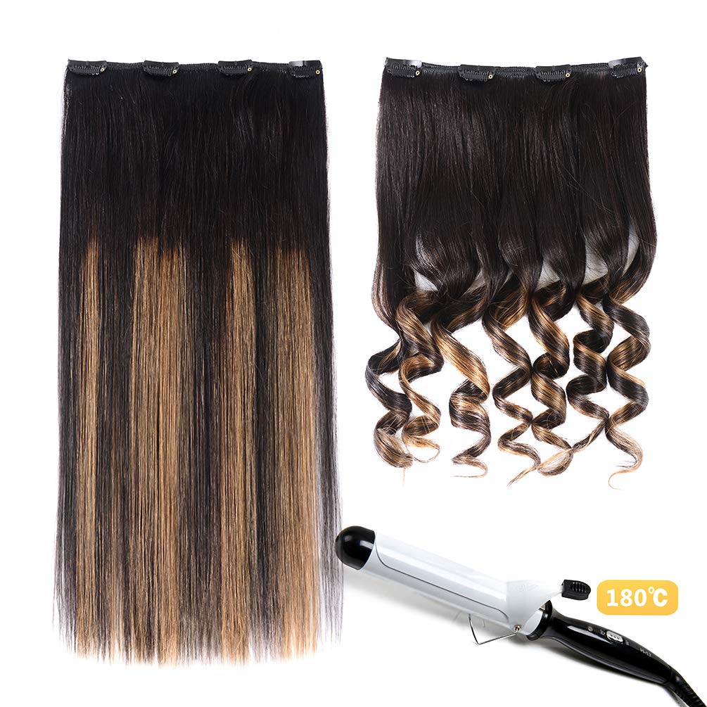5 Pieces 20" Remy Clip in Hair Extensions Human Hair Natural Black to Chestnut Brown Highlight Ombre - Silky Straight Short Thick Real Hair Extensions for Women (20 inches, (1BT6) P1B, 100grams)
