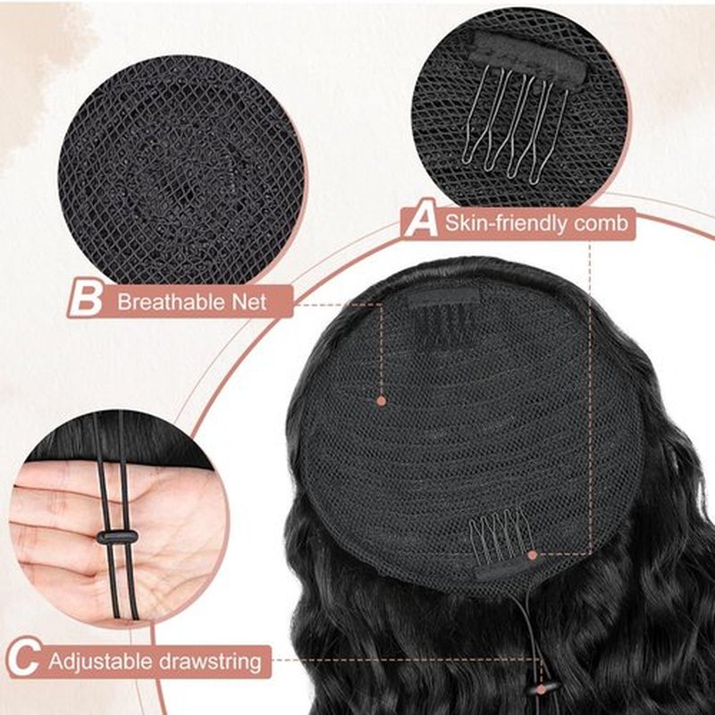 ALXNAN Wavy Curly Ponytail Extension, Long Soft 18" Black Drawstring Ponytai for Black Women Natural Synthetic Hairpiece Thick For Daily Use
