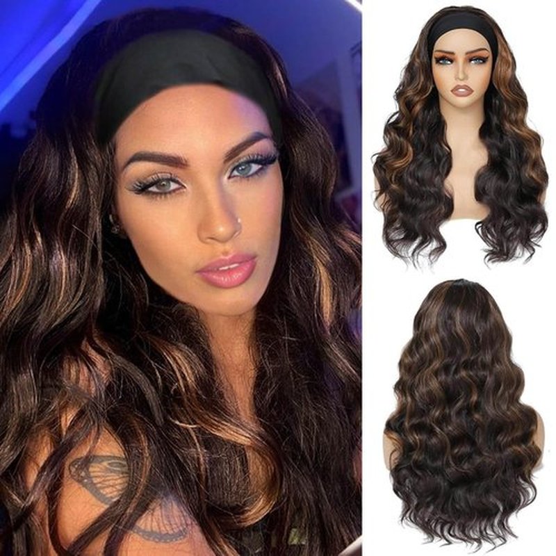 PHOCAS Curly Headband Wig Highlight Brown Headband Wigs 23‘’/58cm Synthetic Headband Wig for Women Daily Use