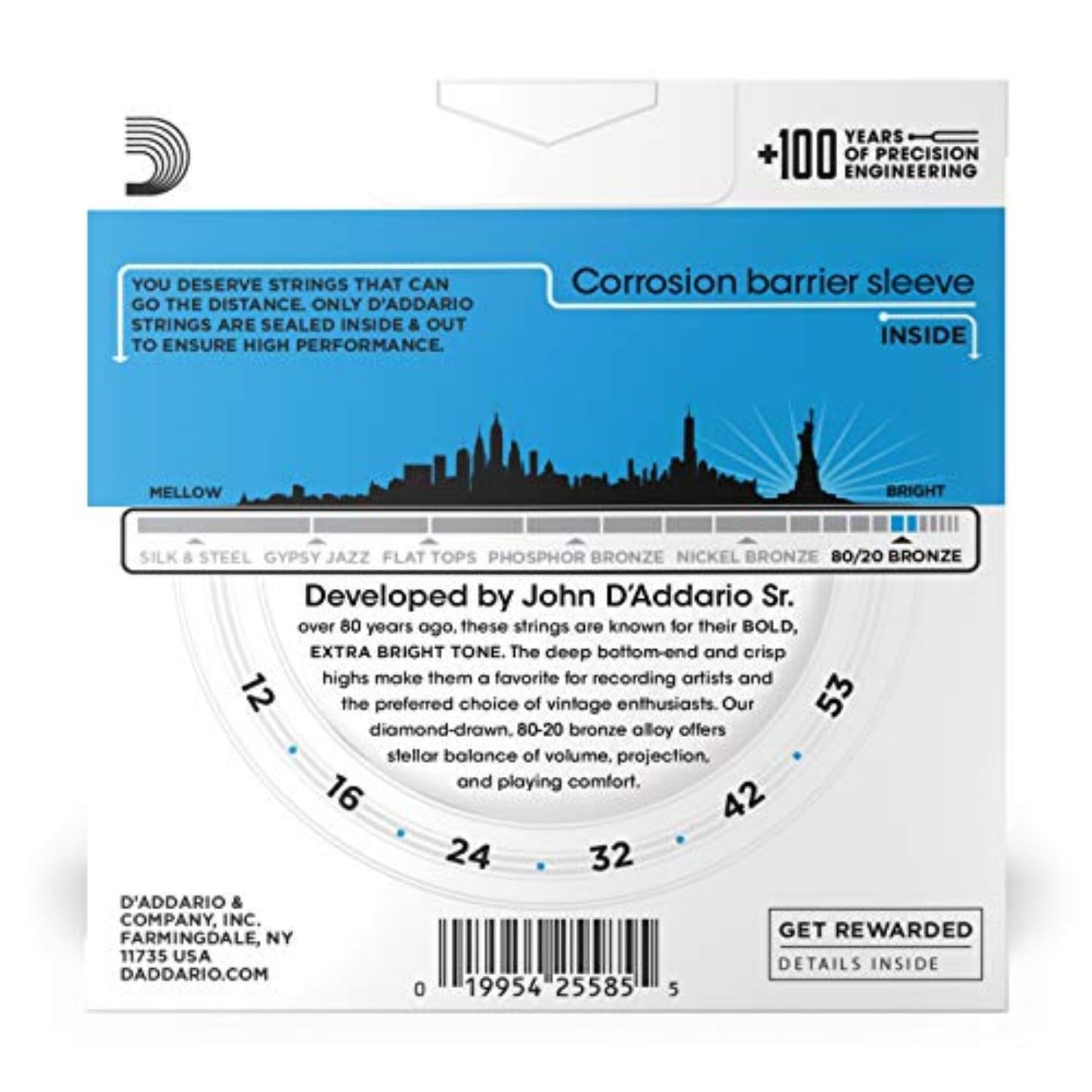 D'Addario EJ11-3D 80/20 Bronze Acoustic Guitar Strings, Light 12-53, 3 Sets