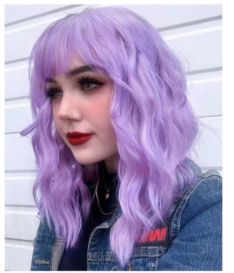 QACCF Purple Wig with Bang Short Wavy Shoulder Length Full Bang Pelucas Women Bob Purple Lavender Wig (Lavender)
