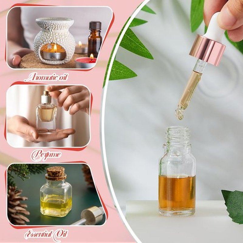 Didaey 100 Pcs Mini Glass Dropper Bottle Bulk, 10 ml Rose Gold Clear Essential Oil Dropper Bottles Small Tincture Empty Bottles Sample Containers Perfume Liquid Vials with Cap for Traveling