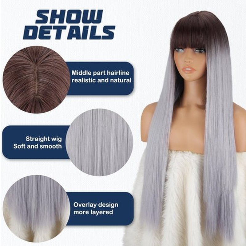 MISSQUEEN Long Straight Brown Omber Grey Wig Brown Omber Grey Blue Wigs with Bangs Natural-Looking Heat-Resistant Synthetic Wigs for Women Girls Daily Party Cosplay Travel Used