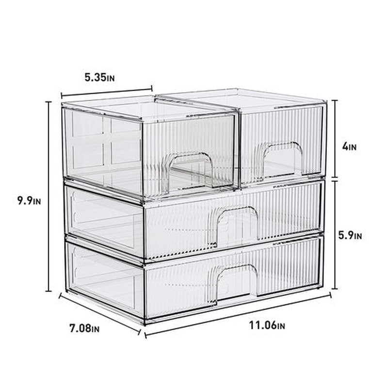 ZHIAI Stackable storage drawer, acrylic storage box for cosmetics and beauty products, suitable for dressing tables, bathrooms, cabinets, storage rooms, bedrooms and home organisation 4 pcs set