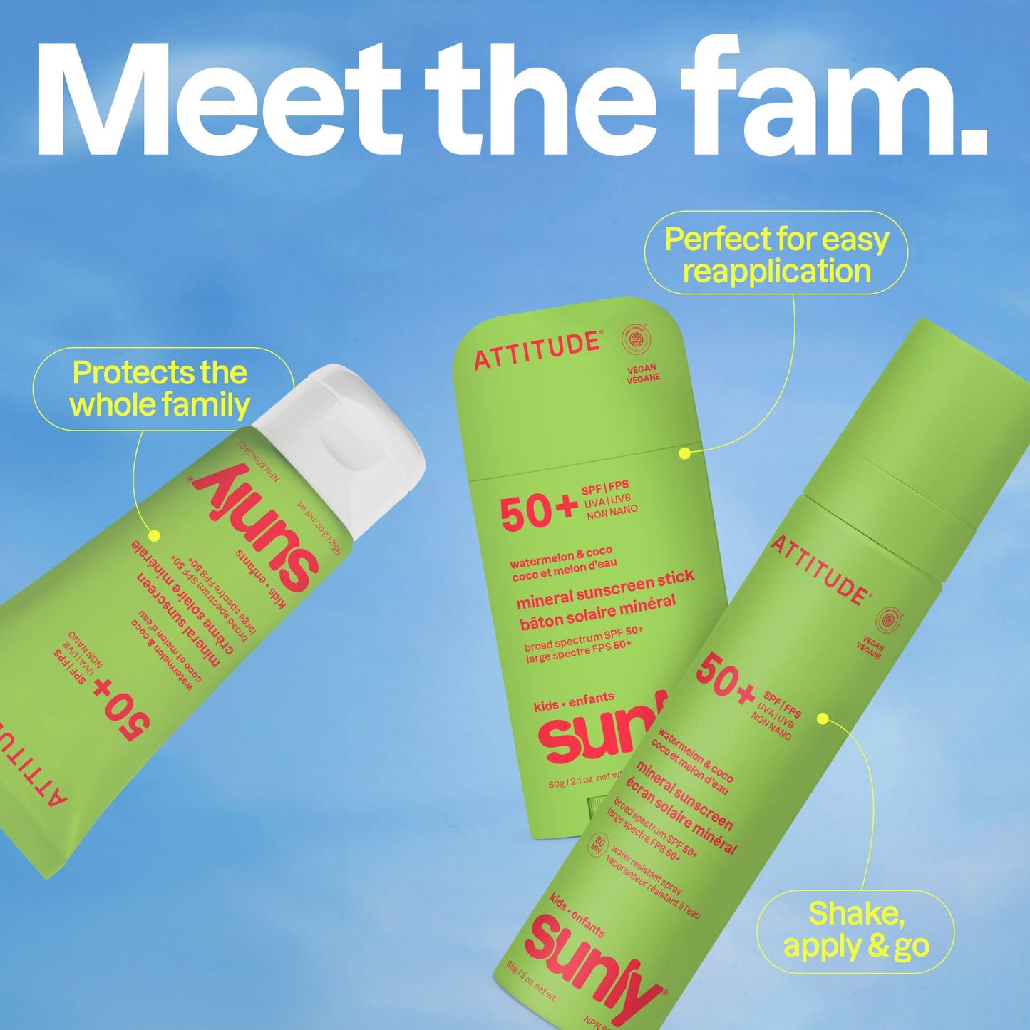 ATTITUDE Kids Mineral Sunscreen SPF 50, Broad Spectrum Zinc Oxide, EWG Verified, Mineral-Based, Non-Nano, Lightweight Cream for Face & Body, Gentle Formula, Watermelon & Coco Scent, 3 Oz