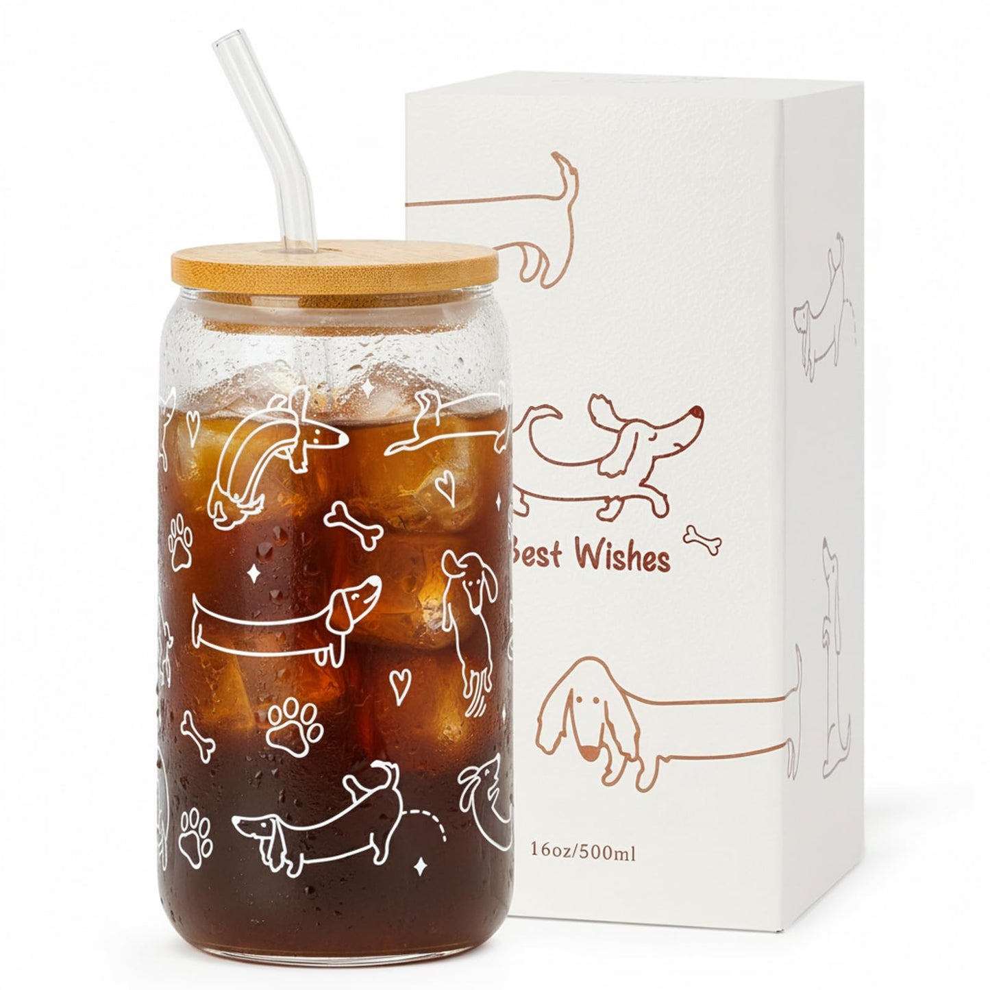 KMCCUMBER Dachshund Glass Cup with Lid & Straw for Dog Lovers - 16oz Cute Funny Weiner Dog Iced Coffee Cup Smoothie Tumbler Dog Owner Gift for Friend Mom Wife Pet Mommy Teen Girls Valentines Gifts