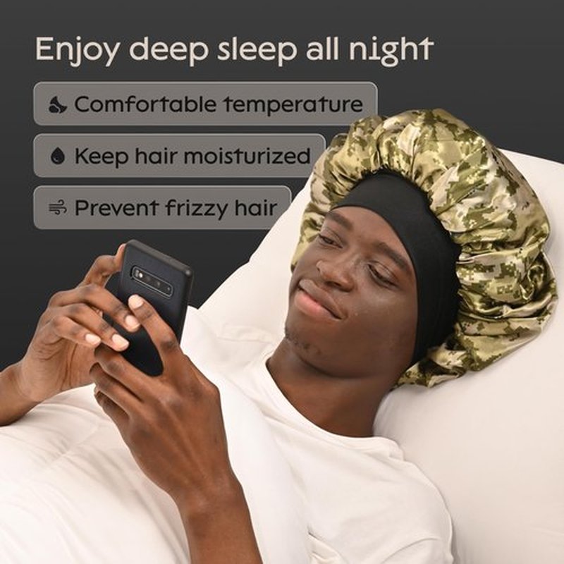 Niagara Satin Bonnet Men - Khaki Bonnet for Sleeping Men - Reversible Night Cap - Mens Bonnet for Curly Hair - Large Bonnet with Double Layer