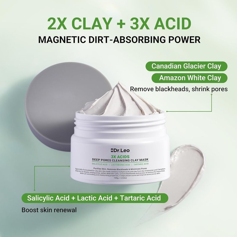 Acid Clay Mask - Deep Cleansing Facial Skincare with Amazonian White & Glacier Clay | Pore Minimizing, Oil Control, 3.53 oz