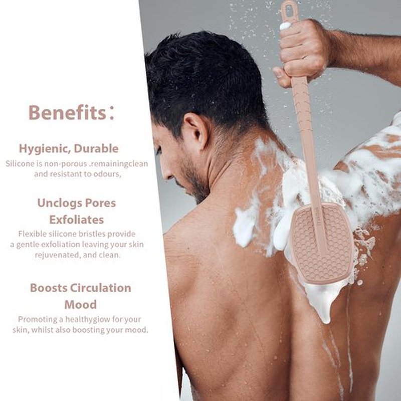 iTokGoK® All New Premium Silicone Back Scrubber with Tire Anti-Slip Long Handle for Shower, Gentle Exfoliating and Massage Brush Scrubber for Sensitive Skin for Men and Women (Sand Pink)