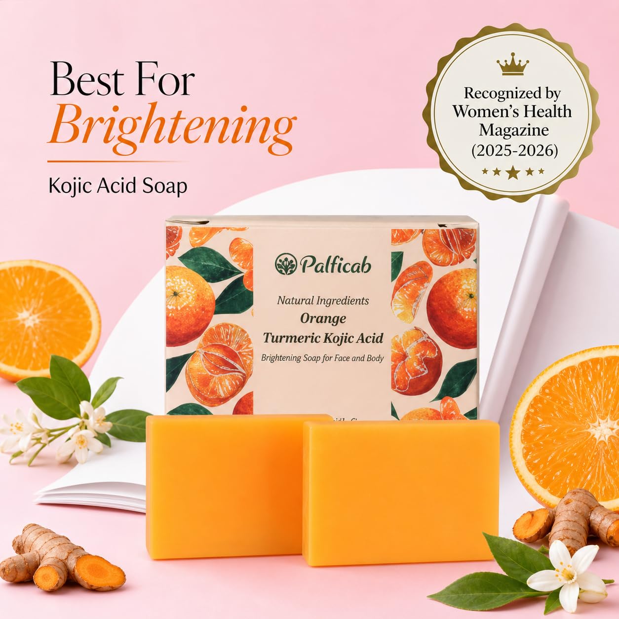 PALFICAB Kojic Acid Turmeric Soap for Dark Spots, 2 Bars with Foaming Net
