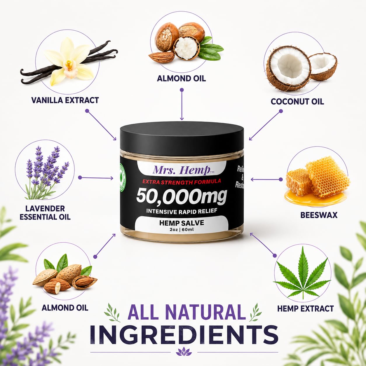 50,000 MG Hemp Extra Strength Healing Salve | Ideal for Hips, Joints, Neck, Back, Elbows, Fingers, Hands, and Knees. 100% Natural - Proudly Made in USA