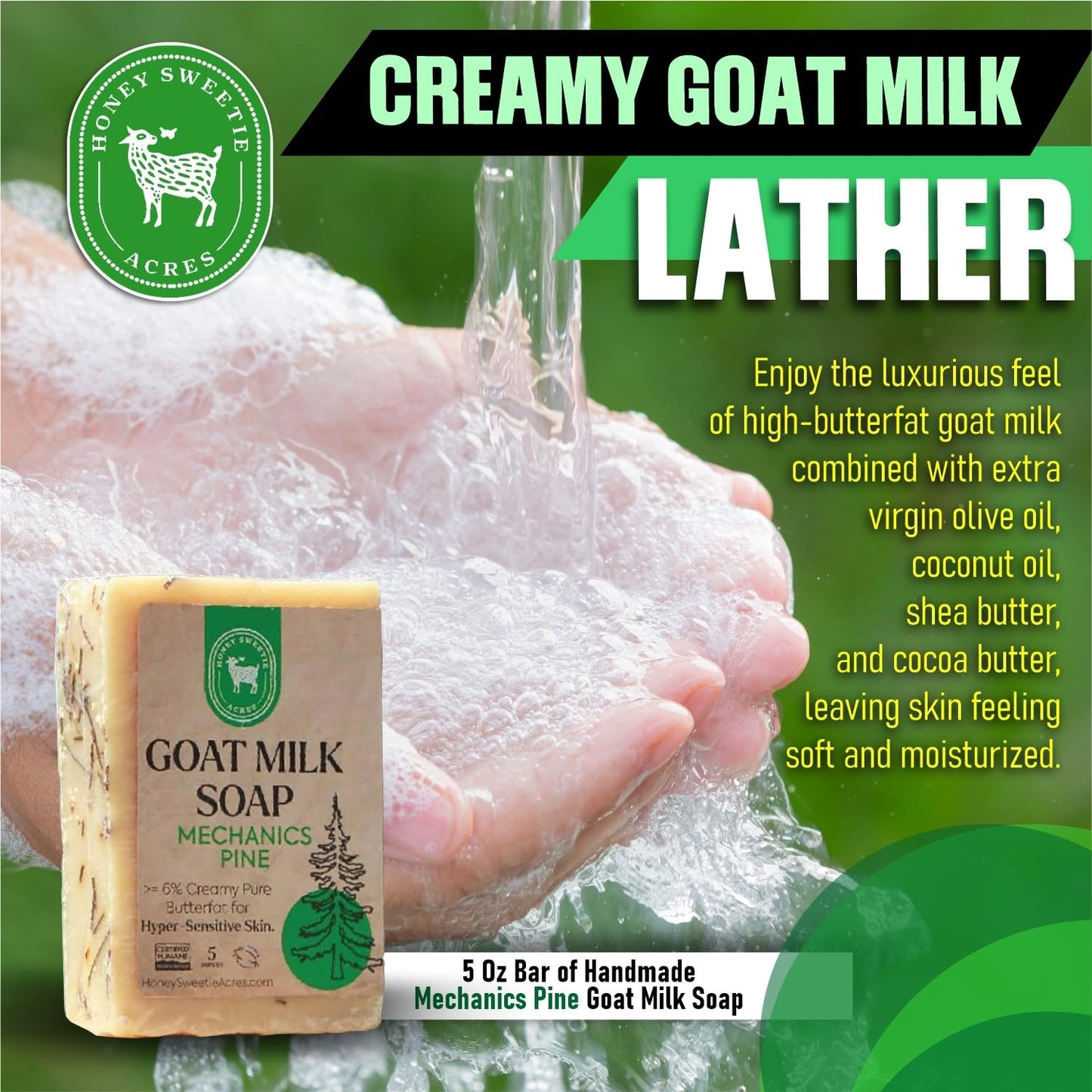 Honey Sweetie Acres Pine Needle Goat Milk Soap - Handmade 5 oz Bar, Made with Natural Ingredients, Moisturizing & Gentle, Made in the USA