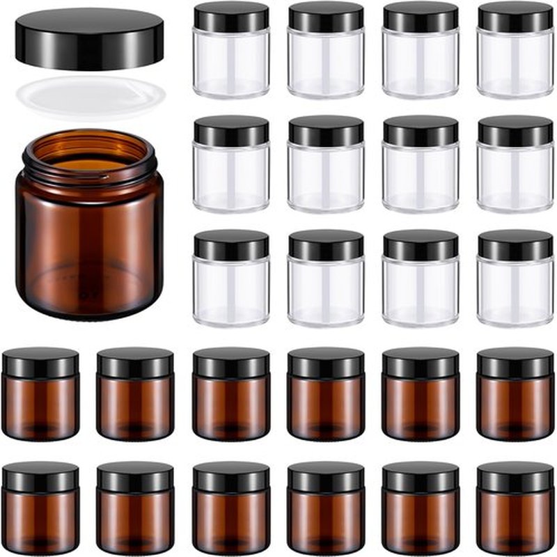 Norme 24 Pcs 4 oz Glass Jars with Lids Leakproof Round Airtight Jars Empty Cosmetic Jars with Inner Liners Lid for Storing Lotions Powder Ointments Candle Making (Black,Amber and Clear)
