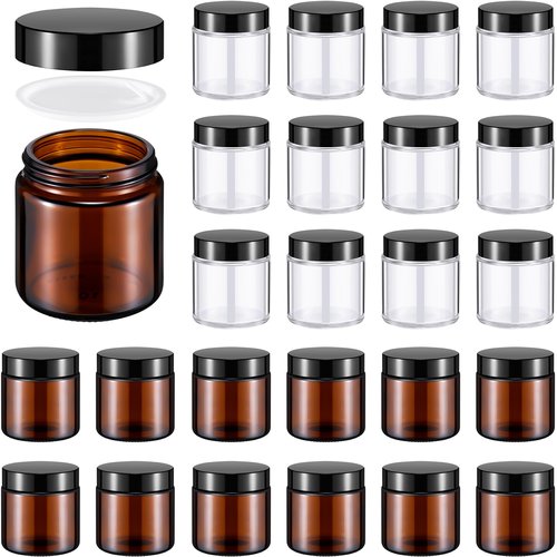 Norme 24 Pcs 4 oz Glass Jars with Lids Leakproof Round Airtight Jars Empty Cosmetic Jars with Inner Liners Lid for Storing Lotions Powder Ointments Candle Making (Black,Amber and Clear)
