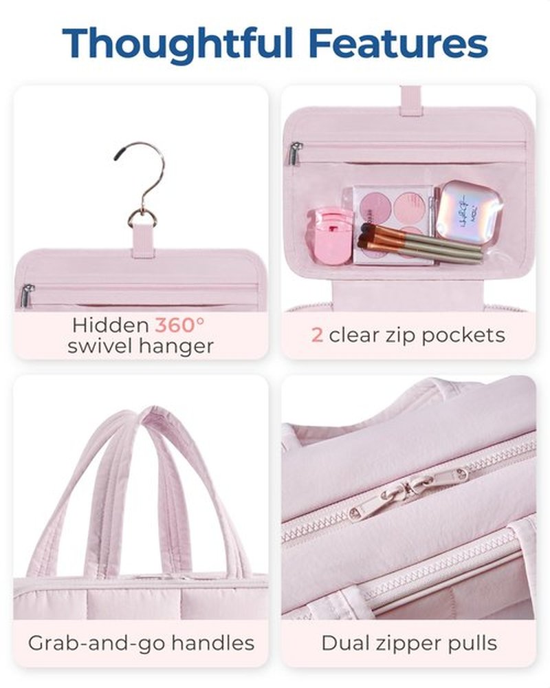 BAGSMART Travel Toiletry Bag with Jewelry Organizer, Hanging Travel Bag for Toiletries, Puffy Makeup Cosmetic Bag Organizer, Carry-on Travel Accessories Essentials, Pink-M