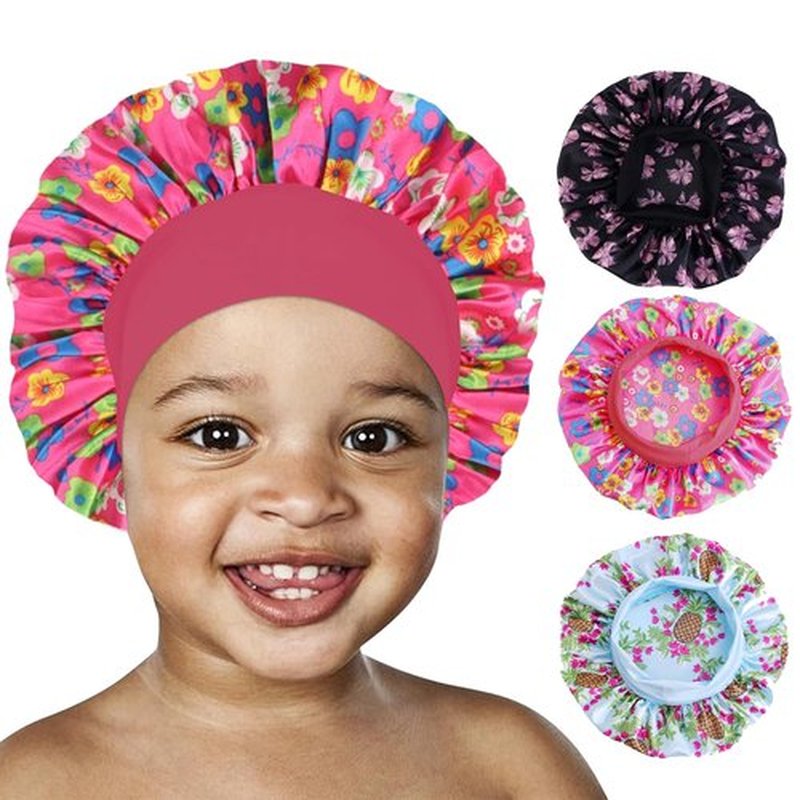 3 Pcs Silk Hair Bonnet for Sleeping - Baby Satin Bonnets for Girls Kids Sleep Cap Hair Wraps for Curly Natural Hair with Elastic Wide Band (Black+Hot Pink+Blue)…