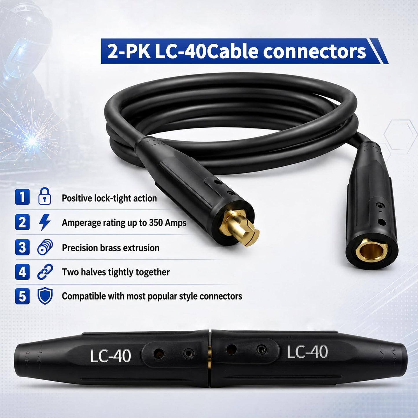 2 Pack LC-40 Welding Leads Quick Connector, Welding Cable Connectors, Male & Female Welding Connectors for Welding Machine Accessories, 1/0 and 2/0 Welding Cable Size Capacity, 350 amps Max Rating