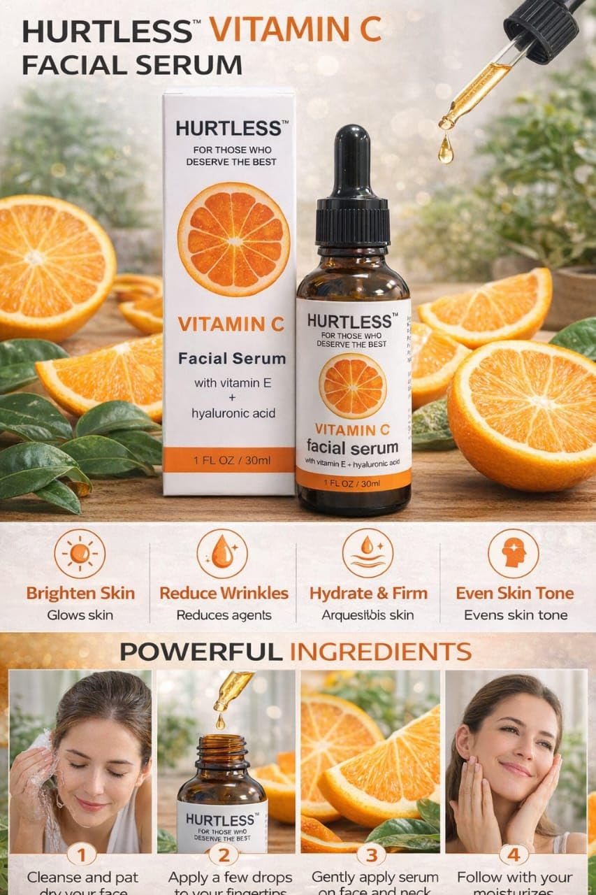HURTLESS Vitamin C Face Serum with Hyaluronic Acid, Brightening Serum for Dark Spots, Dull Skin, Hydrating, Fragrance Free, Fast Absorbing, Cruelty-Free Skin Serums for Dry Skin- 30 ml / 1.01 fl oz